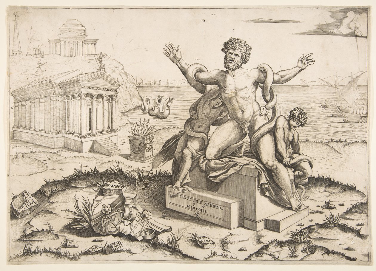Laocoonte y sus dos hijos siendo atacados por serpientes sobre un pedestal, un templo a Mi... de Marco Dente