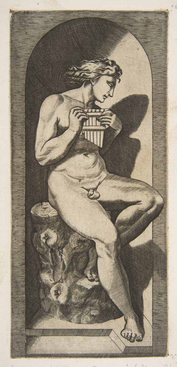 Olimpo desnudo sentado en un tocón de árbol sosteniendo flautas, dentro de un nicho, ca. 1515-27 de Marco Dente