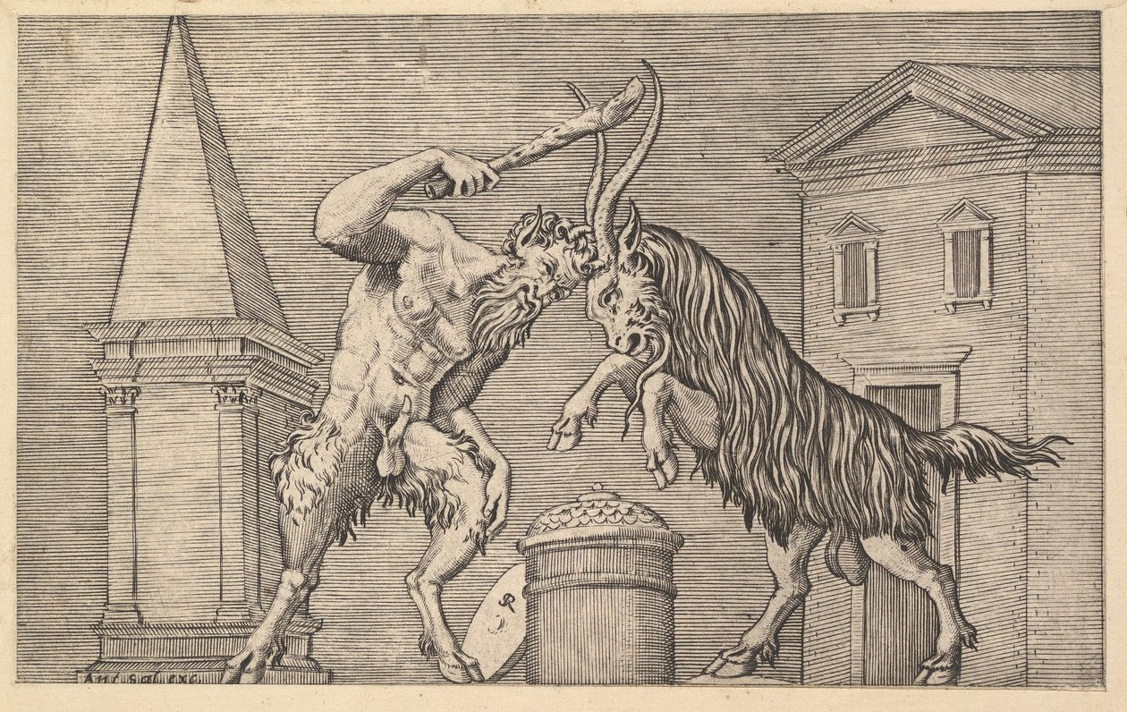 Speculum Romanae Magnificentiae: Un Sátiro y un Carnero Chocando de Marco Dente