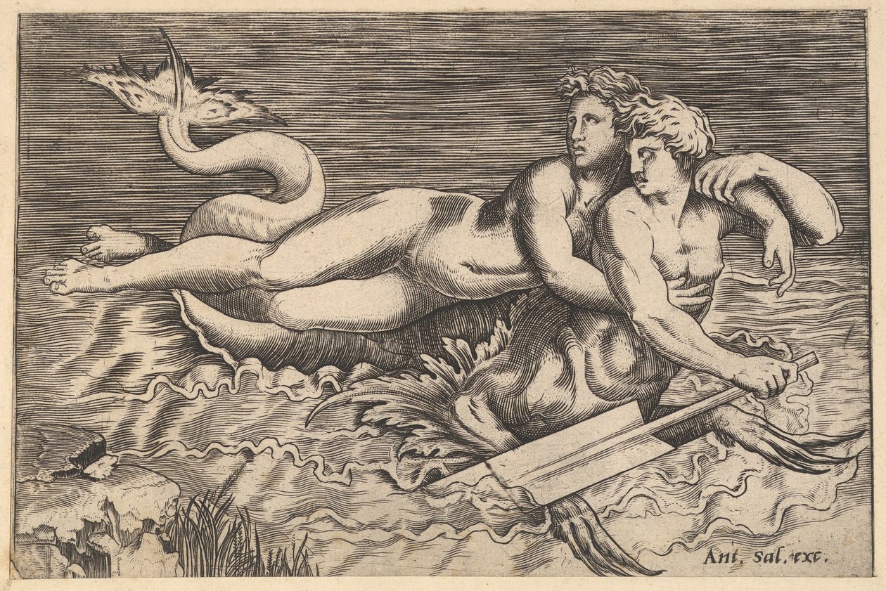 Speculum Romanae Magnificentiae: Un tritón llevándose a una ninfa, siglo XVI de Marco Dente