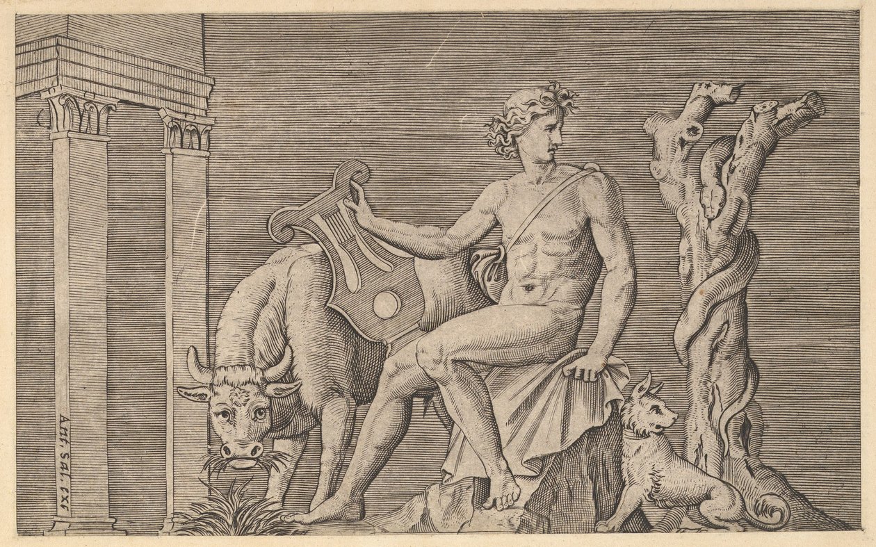 Speculum Romanae Magnificentiae: Apolo cuidando los rebaños de Admeto, siglo XVI de Marco Dente