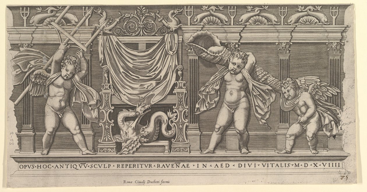 Speculum Romanae Magnificentiae: Bajo relieve con tres cupidos, 1519 de Marco Dente