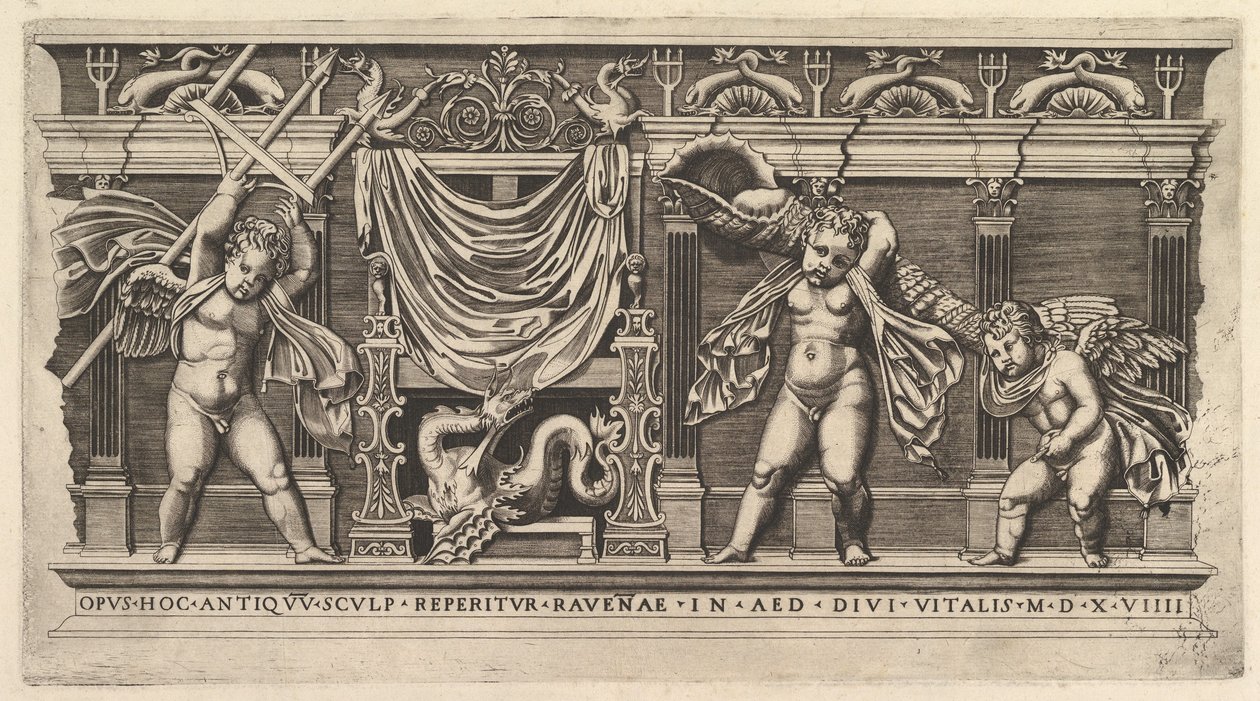 Speculum Romanae Magnificentiae: Bajo Relieve con Tres Cupidos de Marco Dente