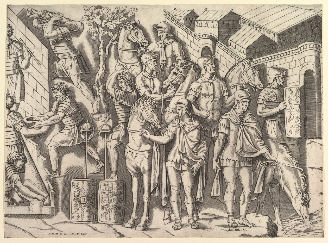 Speculum Romanae Magnificentiae: Jinetes romanos, de la columna de Trajano, siglo XVI de Marco Dente