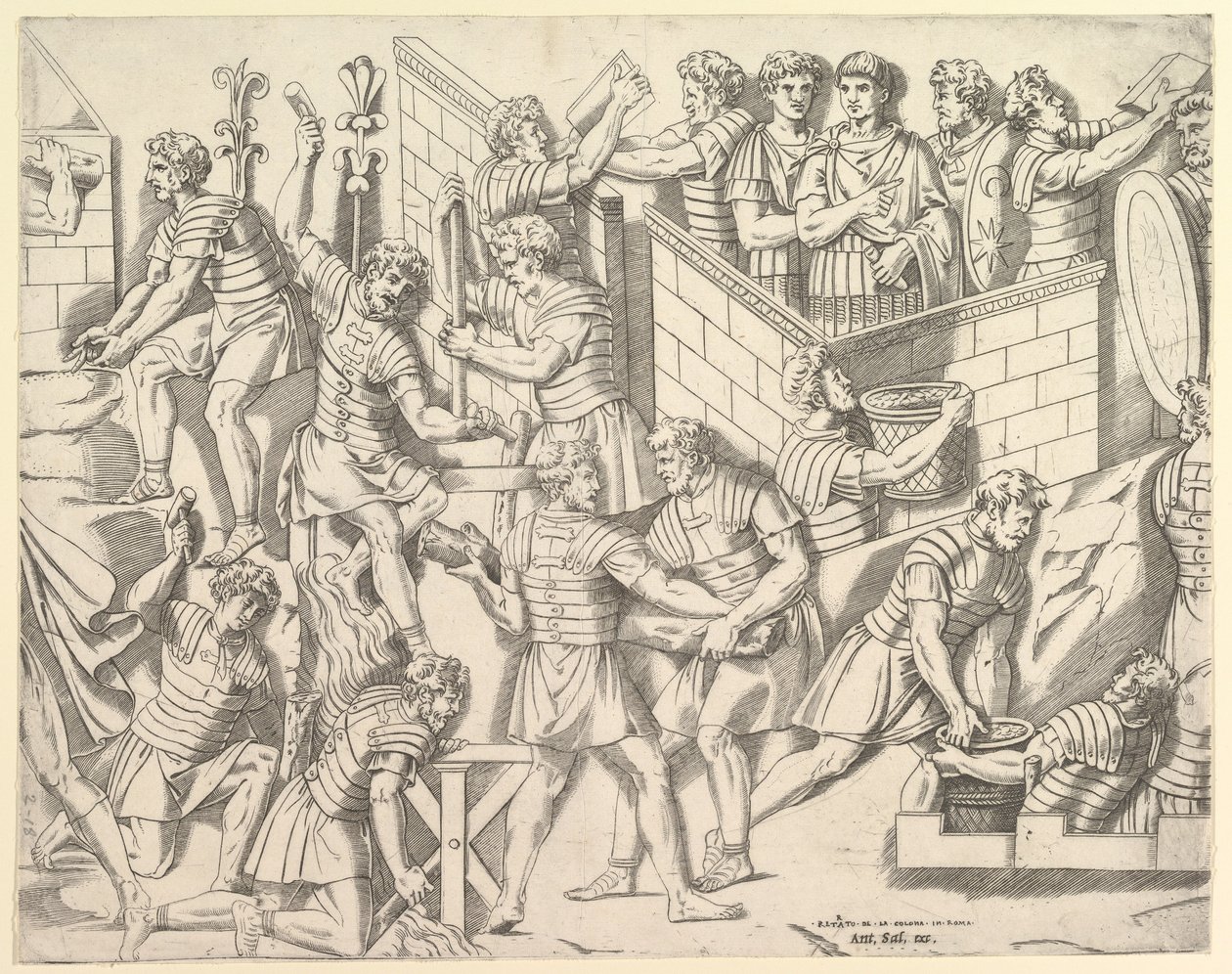Speculum Romanae Magnificentiae: Soldados romanos fortificando su campamento, de Trajano de Marco Dente
