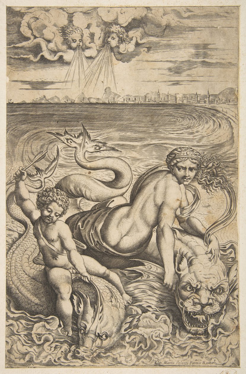 Venus y Cupido montando dos monstruos marinos, Cupido levanta una flecha en su mano derecha, ca. 1515-27 de Marco Dente