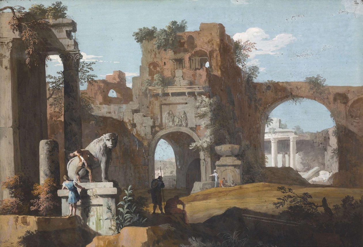 Un paisaje clásico con ruinas de Marco Ricci