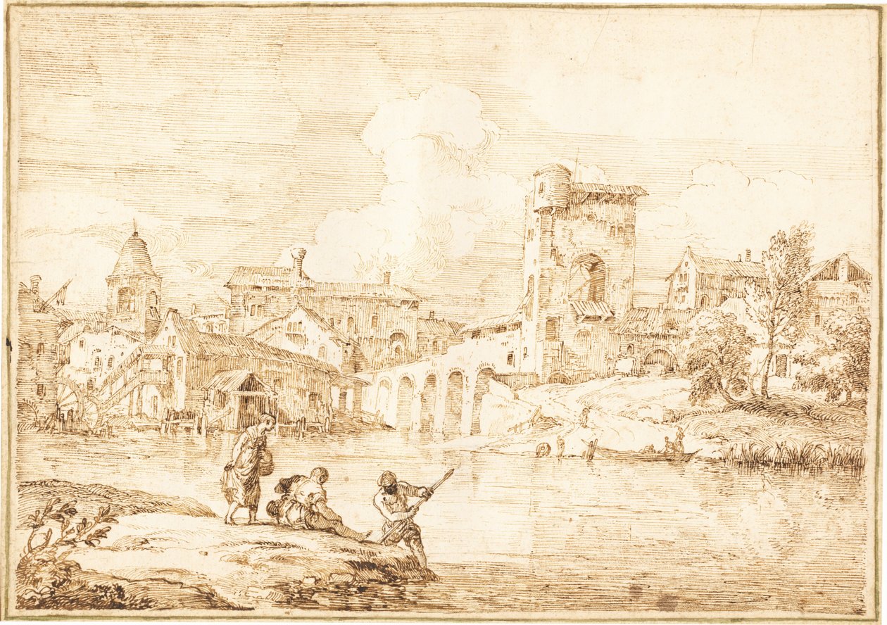 Un pueblo fortificado junto a un río de Marco Ricci