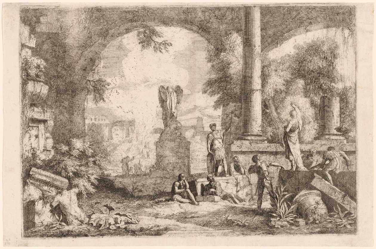 Capricho de ruinas antiguas con hombres mirando a un orador clásico de Marco Ricci