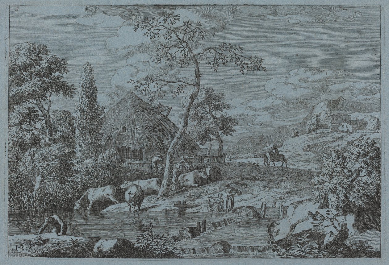 Ganado y figuras en un arroyo de granja de Marco Ricci