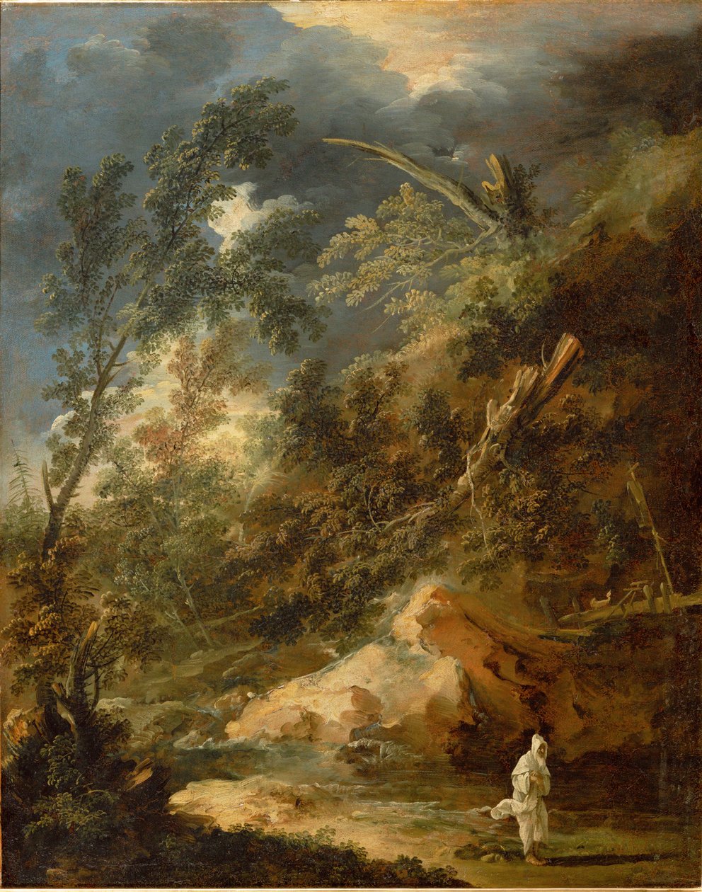 Naturaleza salvaje con monje en una tormenta (pintura sobre lienzo) de Marco Ricci