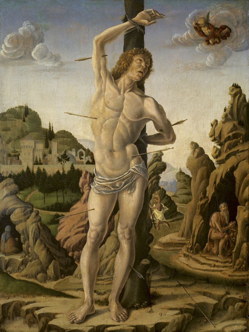 San Sebastián en un paisaje rocoso con los santos Jerónimo, Antonio Abad y Cristóbal, c.1475-78 de Marco Zoppo