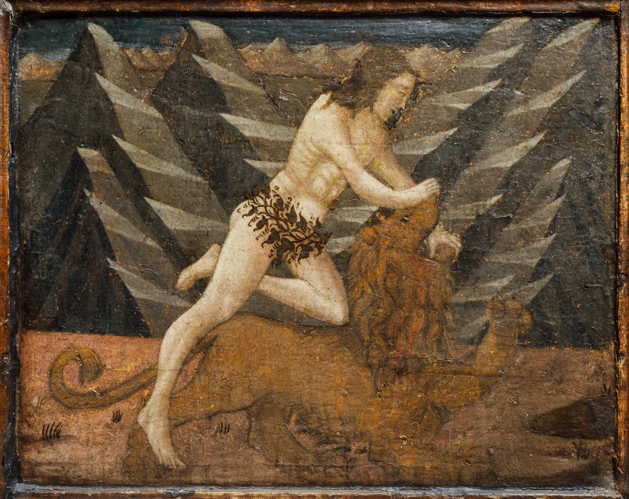 Cassone con escena de batalla y escenas de los trabajos de Hércules, FLorence, Itlay, c.1460 (temple, gesso y madera) de Marco del Buono Giamberti