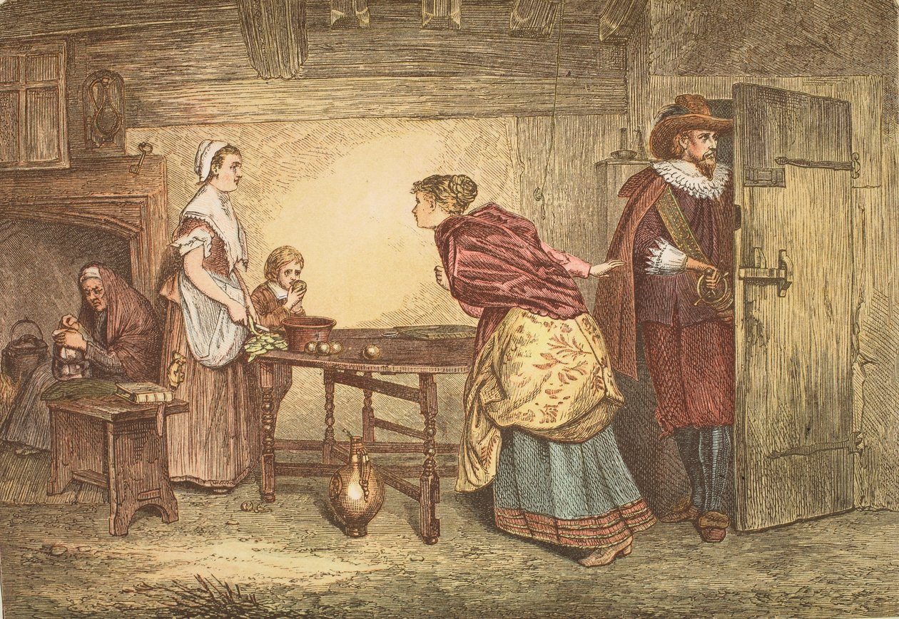 Realistas buscando refugio en la casa de un puritano, grabado por J.D. Cooper de Marcus Stone