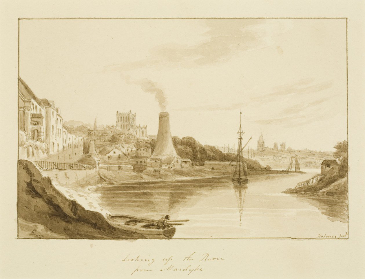 Mirando hacia el río desde Mardyke con la fábrica de vidrio de Limekiln Lane de Marcus H. Homes