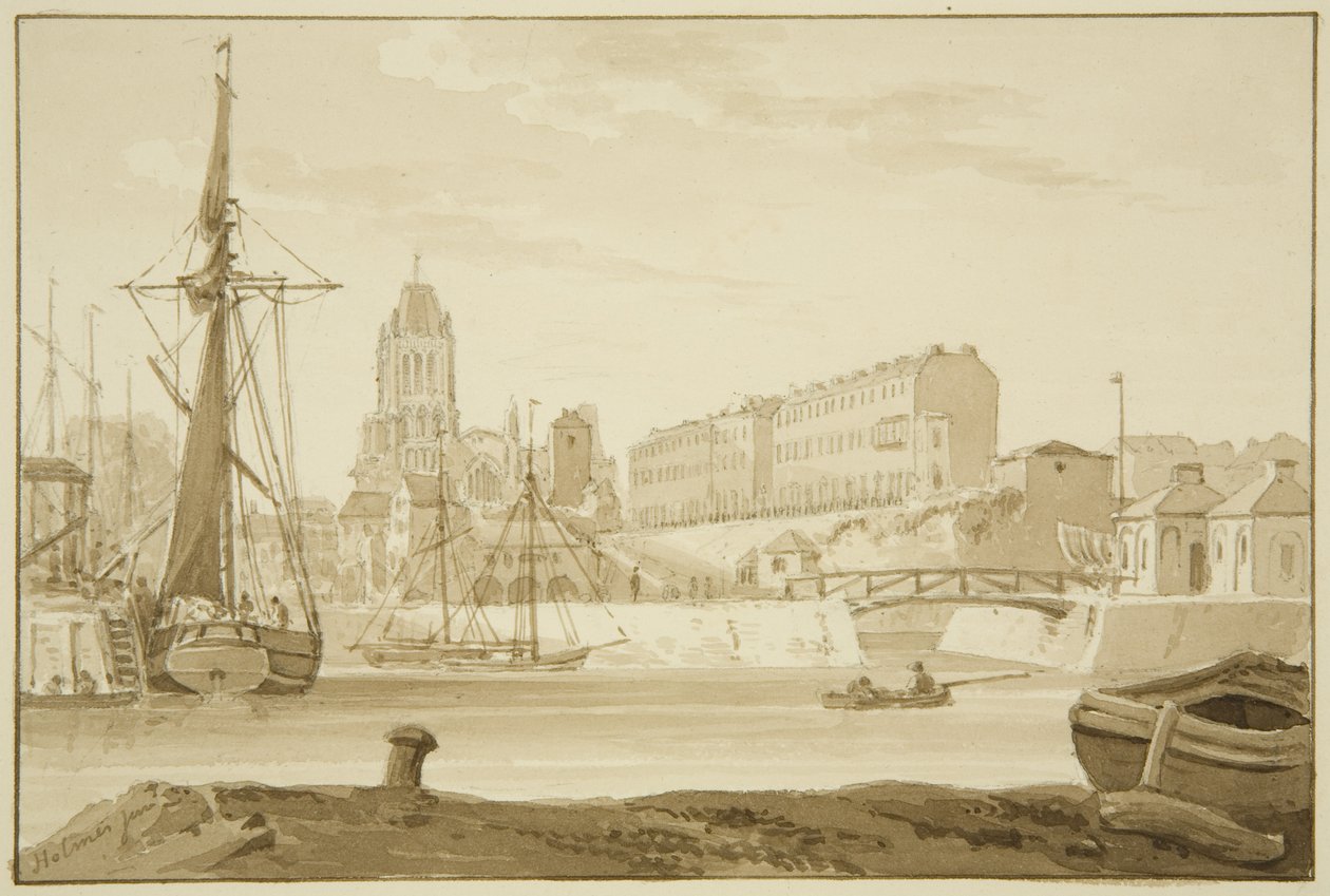 Iglesia de Redcliffe y Redcliffe Parade desde los bancos del mar, mostrando las casas de peaje del puente de Prince Street de Marcus H. Homes