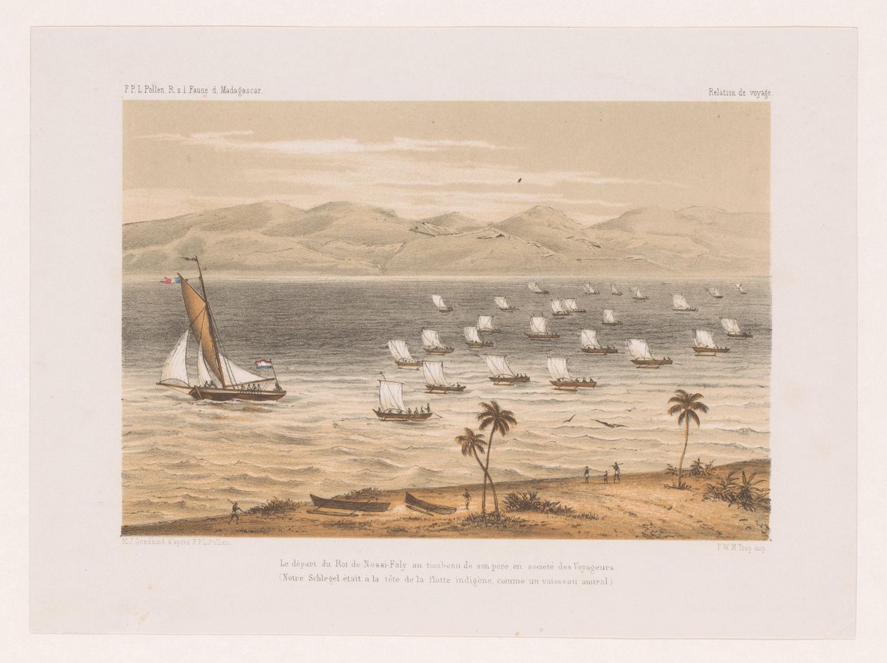 Salida del rey de Nossi-Faly al funeral de su padre Le départ du Roi de Nossi-Faly au tombeau de son père en société des Voyageurs (...) (título sobre el objeto) Viaje de François P.L. Polen a Madagascar (título de la serie) F.P.L. Polen R. s de Marcus Jacob Goedkind