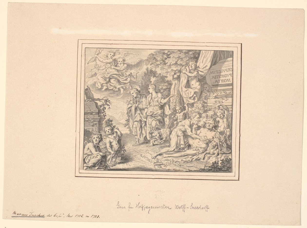 Hoja alegórica con el Sileno borracho y otras figuras mitológicas y alegóricas junto a un sarcófago con la inscripción: "Sepulcrum pudicitiae mortae" de Marcus Tuscher