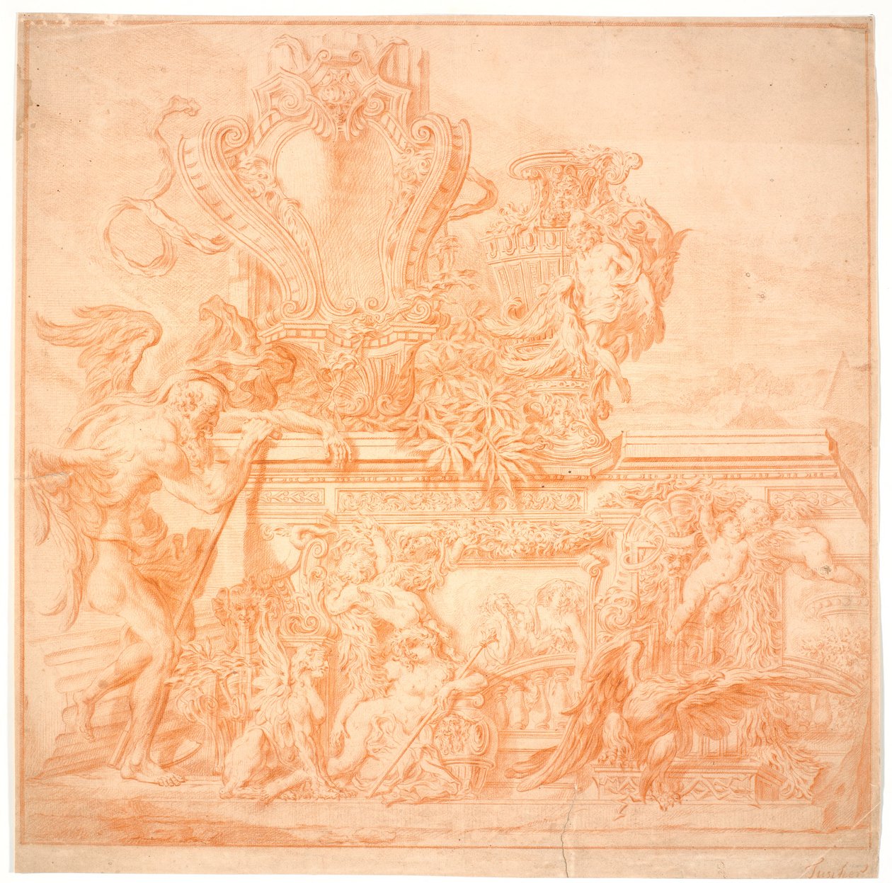 Boceto decorativo con un anciano, simbolizando el tiempo, un escudo, un jarrón, un águila y varias figuras alegóricas de Marcus Tuscher