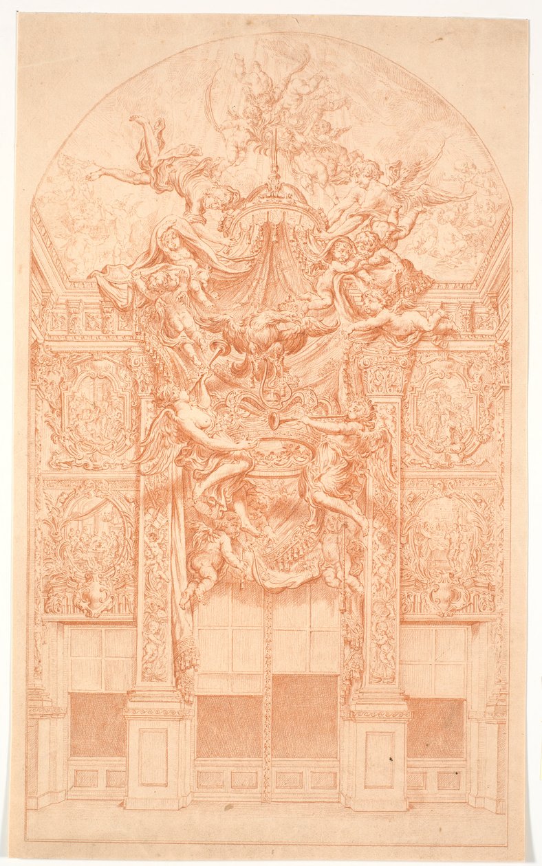 Boceto decorativo con genios que llevan una corona y un dosel de Marcus Tuscher