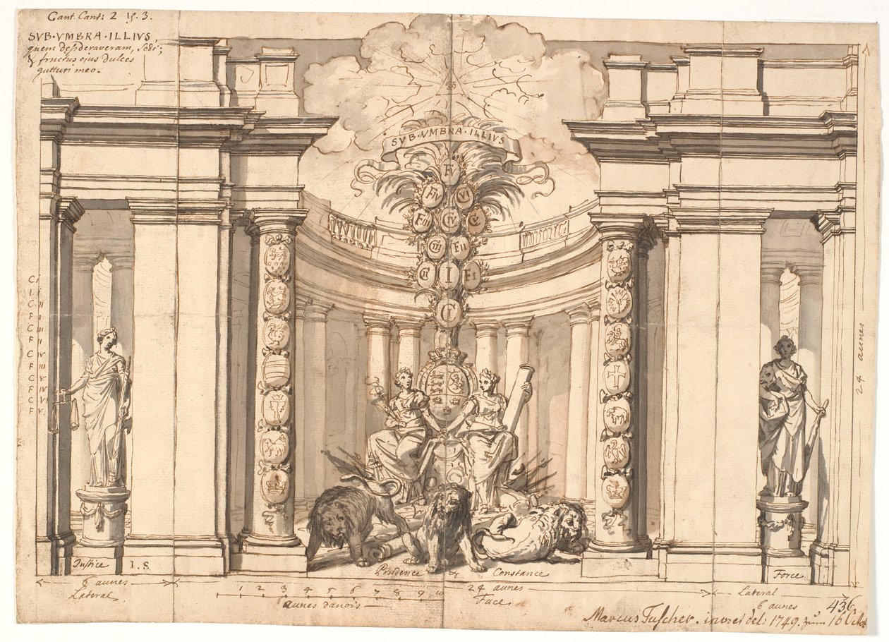El interior de un templo con el escudo de armas danés y el árbol genealógico de los reyes de Oldenburgo de Marcus Tuscher