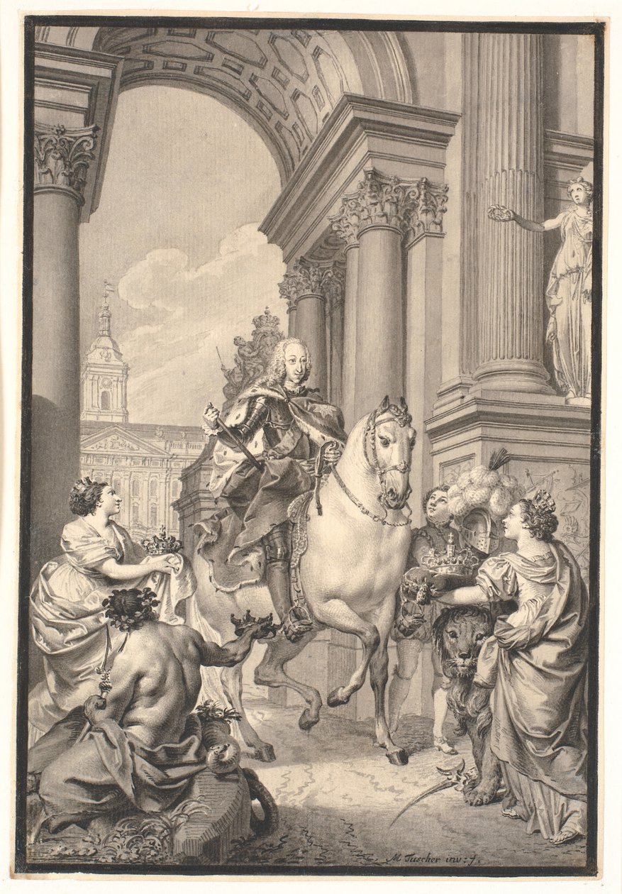 Trabajo preparatorio para la pintura: Dinamarca y Noruega rinden homenaje a Chr. VI (quemado con Christiansborg 1794) de Marcus Tuscher