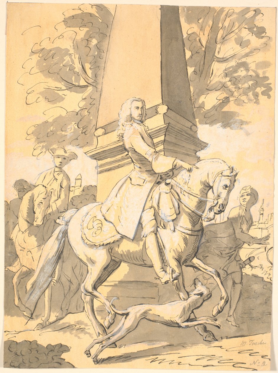 Caballero noble seguido por sirvientes pasa junto a un monumento de Marcus Tuscher
