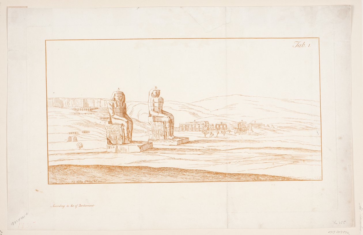 Ilustración para "Dibujos de algunas ruinas y estatuas colosales en Tebas en Egipto con una cuenta en una carta a la Royal Society", Londres 1741 de Marcus Tuscher