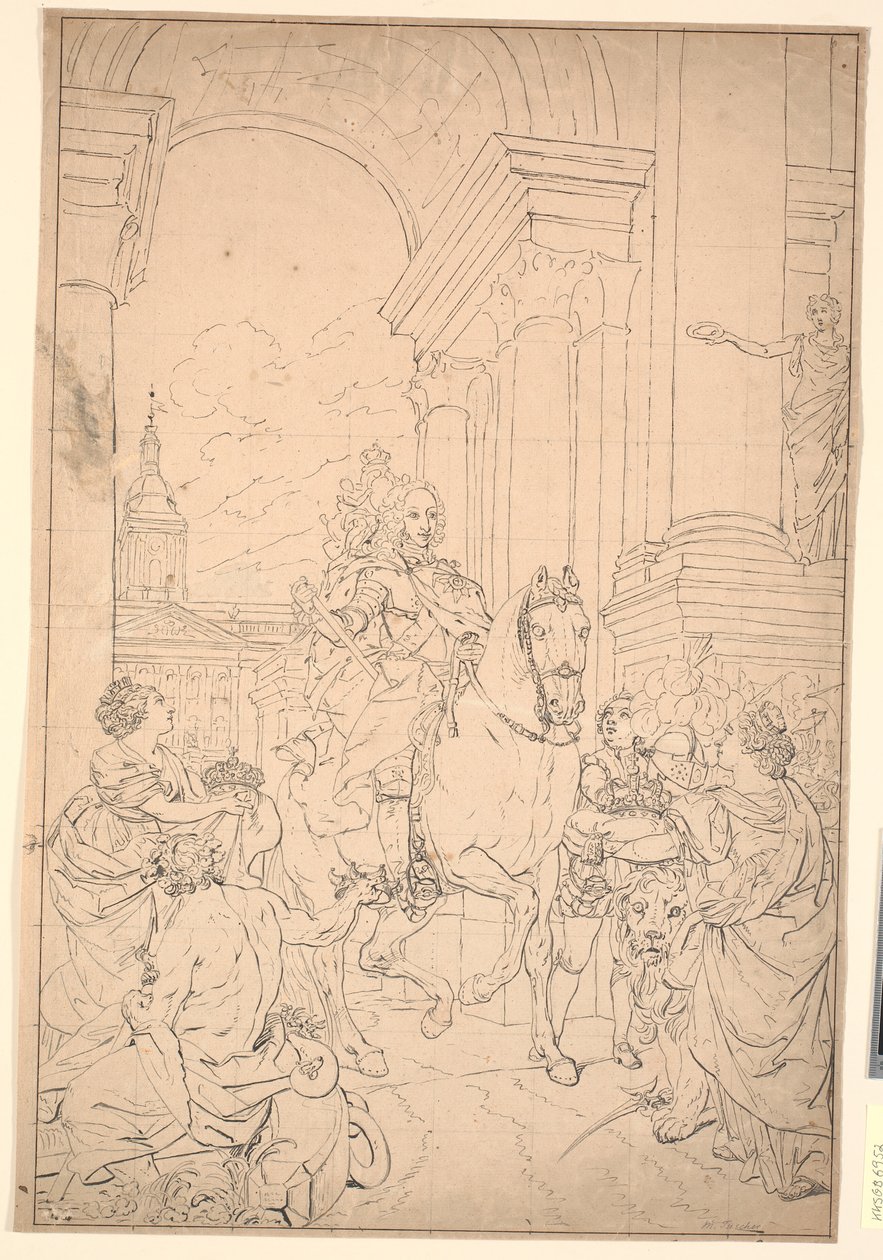 Boceto para la pintura: Dinamarca y Noruega rinden homenaje a Chr. VI (quemado con Christiansborg 1794) de Marcus Tuscher