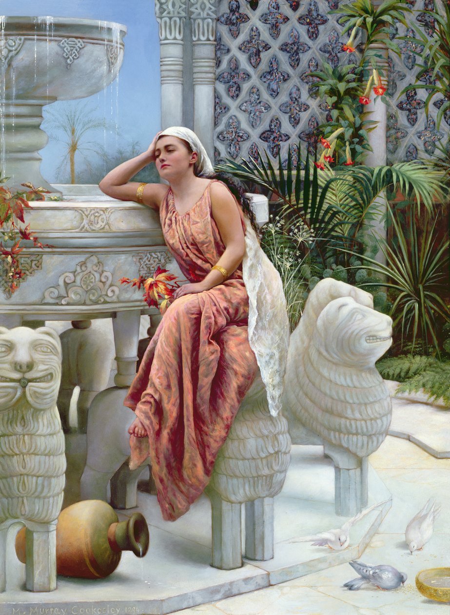 Un momento de descanso junto a la Fuente del León en la Alhambra, España, 1894 de Margaret Murray Cookesley