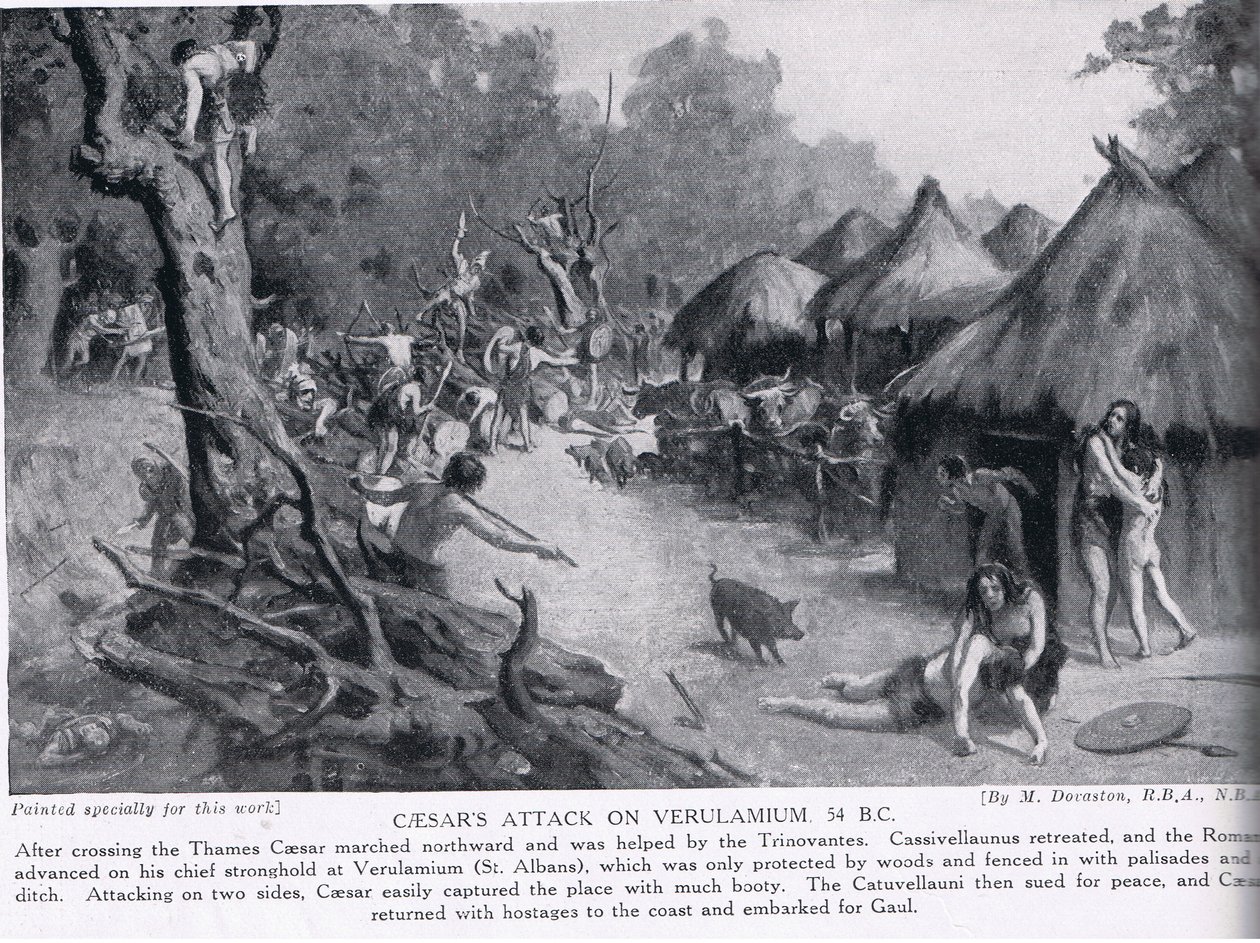 Ataque de César a Verulamium, ilustración de "Hutchinson