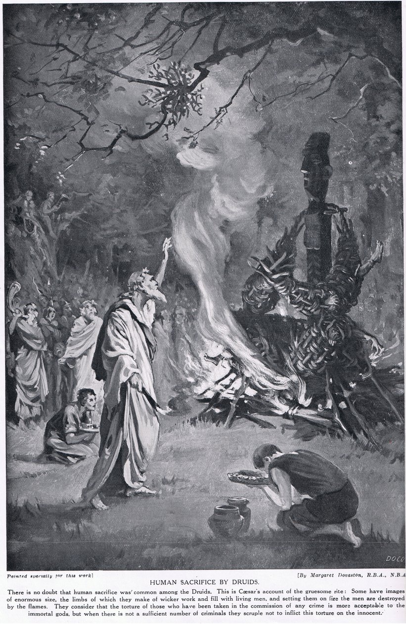 Sacrificio humano por los druidas, ilustración de "Hutchinson