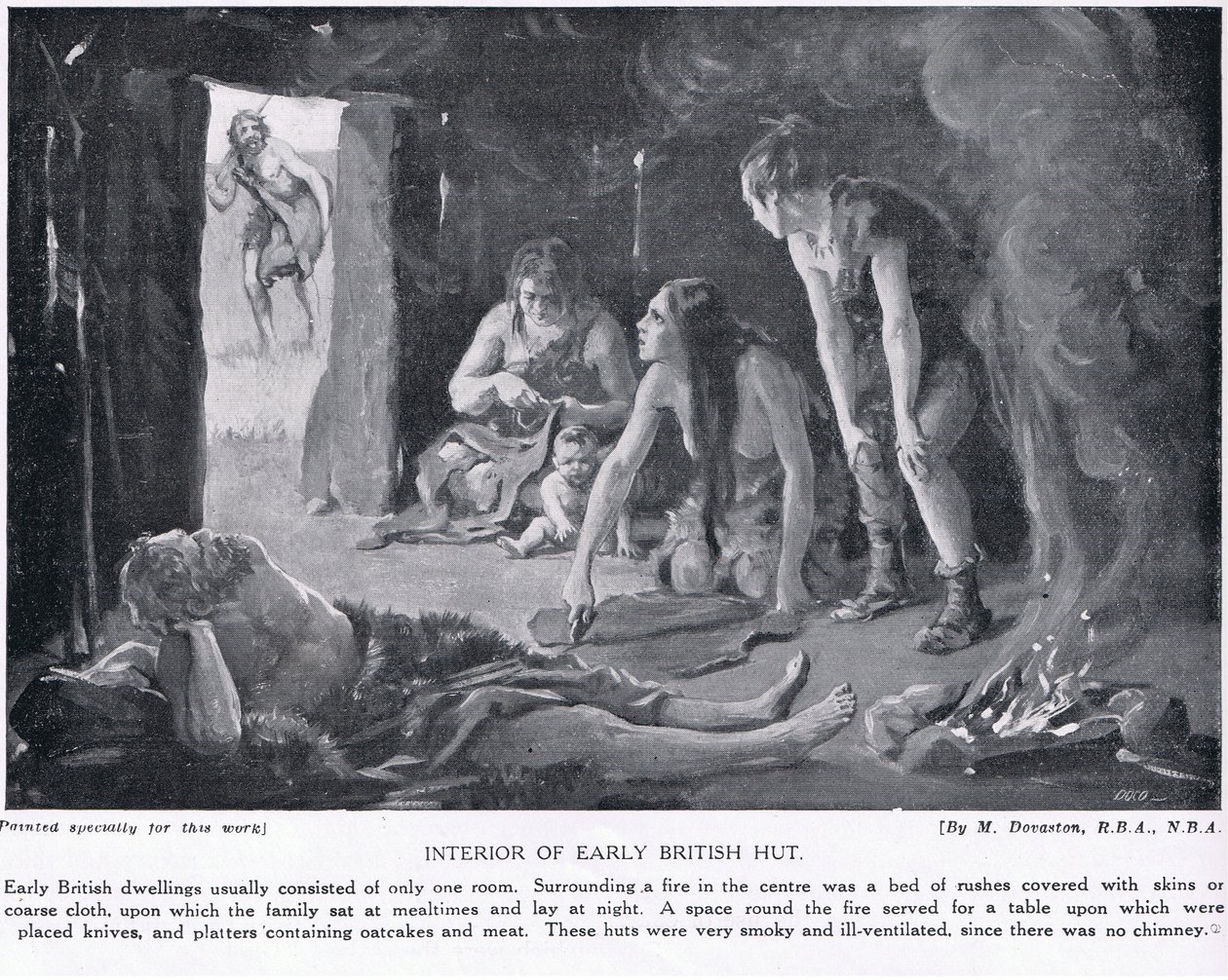 Interior de una cabaña británica primitiva, ilustración de "Hutchinson