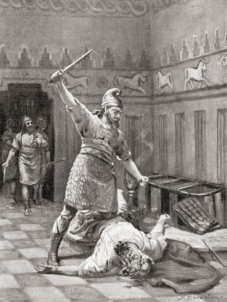 El asesinato de Tukulti-Ninurta I en su ciudad sitiada Kar-Tukulti-Ninurta, de la Historia de las Naciones de Hutchinson, pub.1915. de Margaret (after) Dovaston