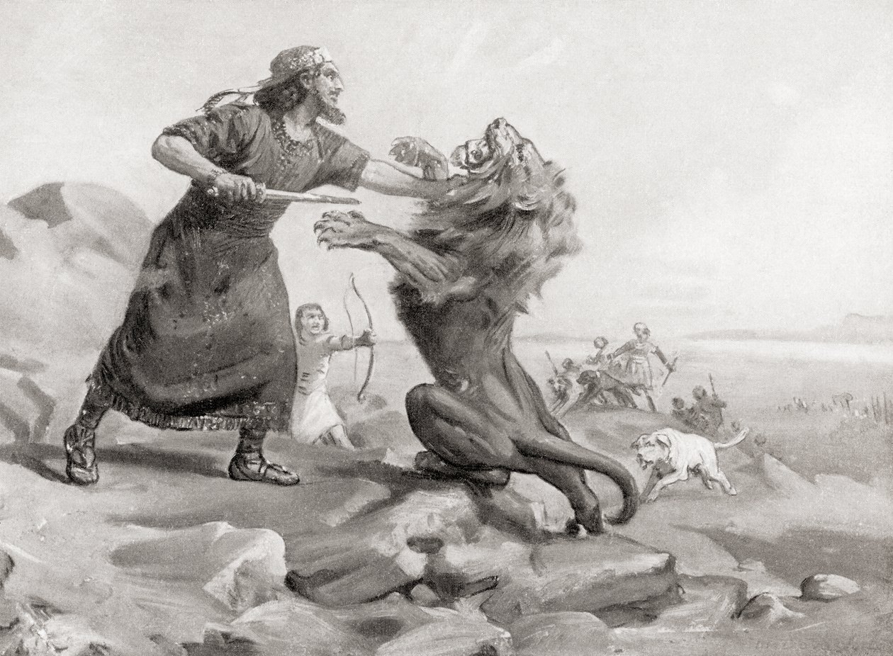 Tiglath-Pileser matando a un león, de la Historia de las Naciones de Hutchinson, pub.1915 de Margaret (after) Dovaston