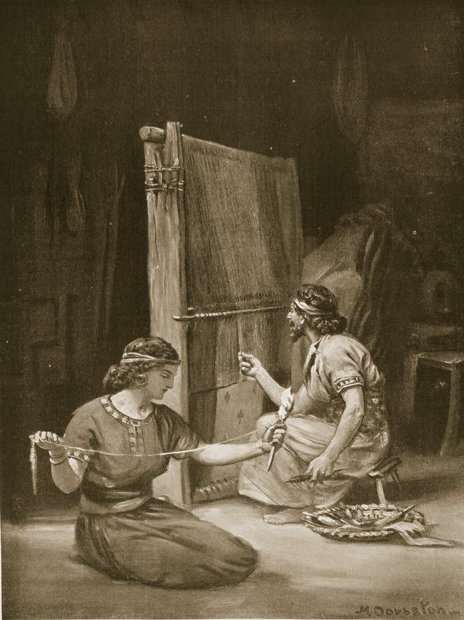 Un telar babilónico, ilustración de la "Historia de las Naciones" de Hutchinson (litografía). de Margaret Dovaston