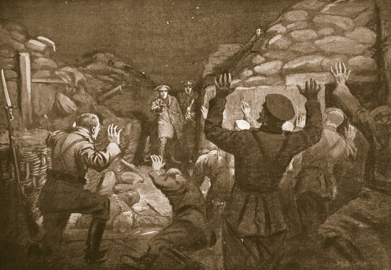 Un oficial alemán y catorce de sus hombres piden clemencia al teniente Leach (litografía) de Margaret Dovaston