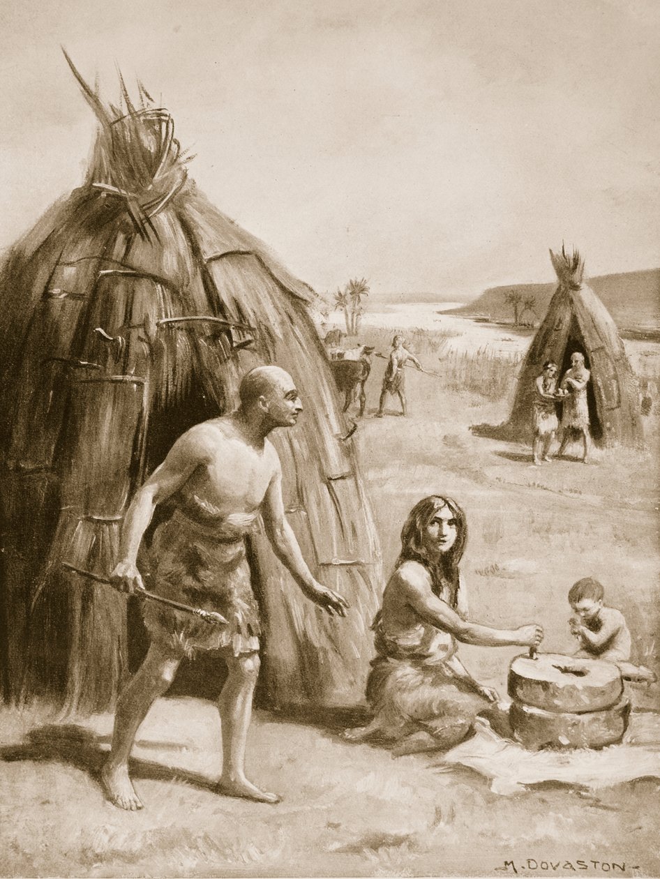 Un primitivo asentamiento sumerio, ilustración de "Hutchinsons History of the Nations", c.1910 (litografía) de Margaret Dovaston
