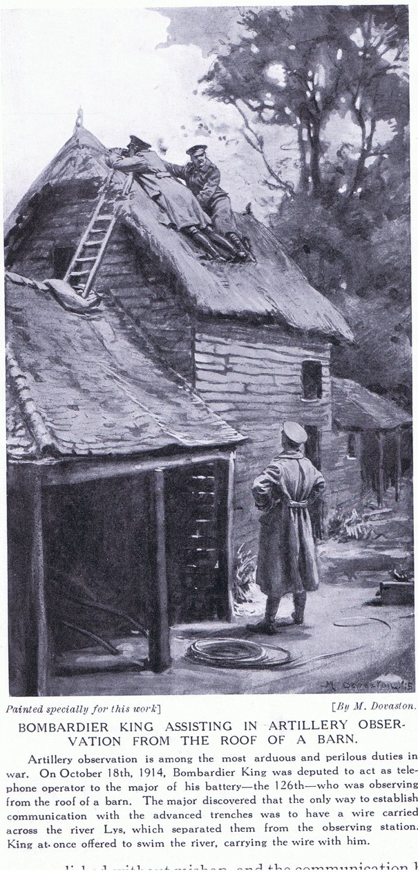 El bombardero King asistiendo a observaciones de artillería desde el tejado de un granero al otro lado del río Lys Octubre de 1914 (litografía) de Margaret Dovaston