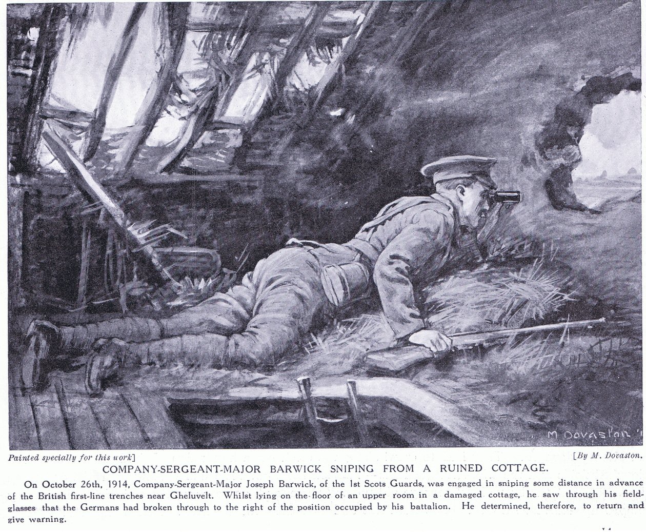Sargento Mayor de Compañía Barwick disparando desde una cabaña en ruinas en Ghehuvelt Octubre 1914 (litografía) de Margaret Dovaston