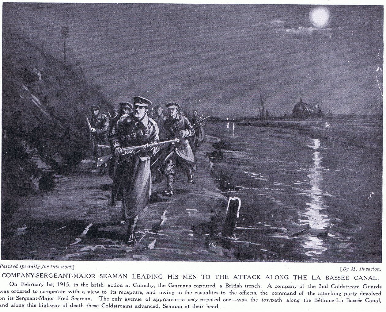 Sargento Mayor de la Compañía Seaman conduciendo a sus hombres a lo largo del Canal de La Basse Febrero de 1915 (litografía) de Margaret Dovaston
