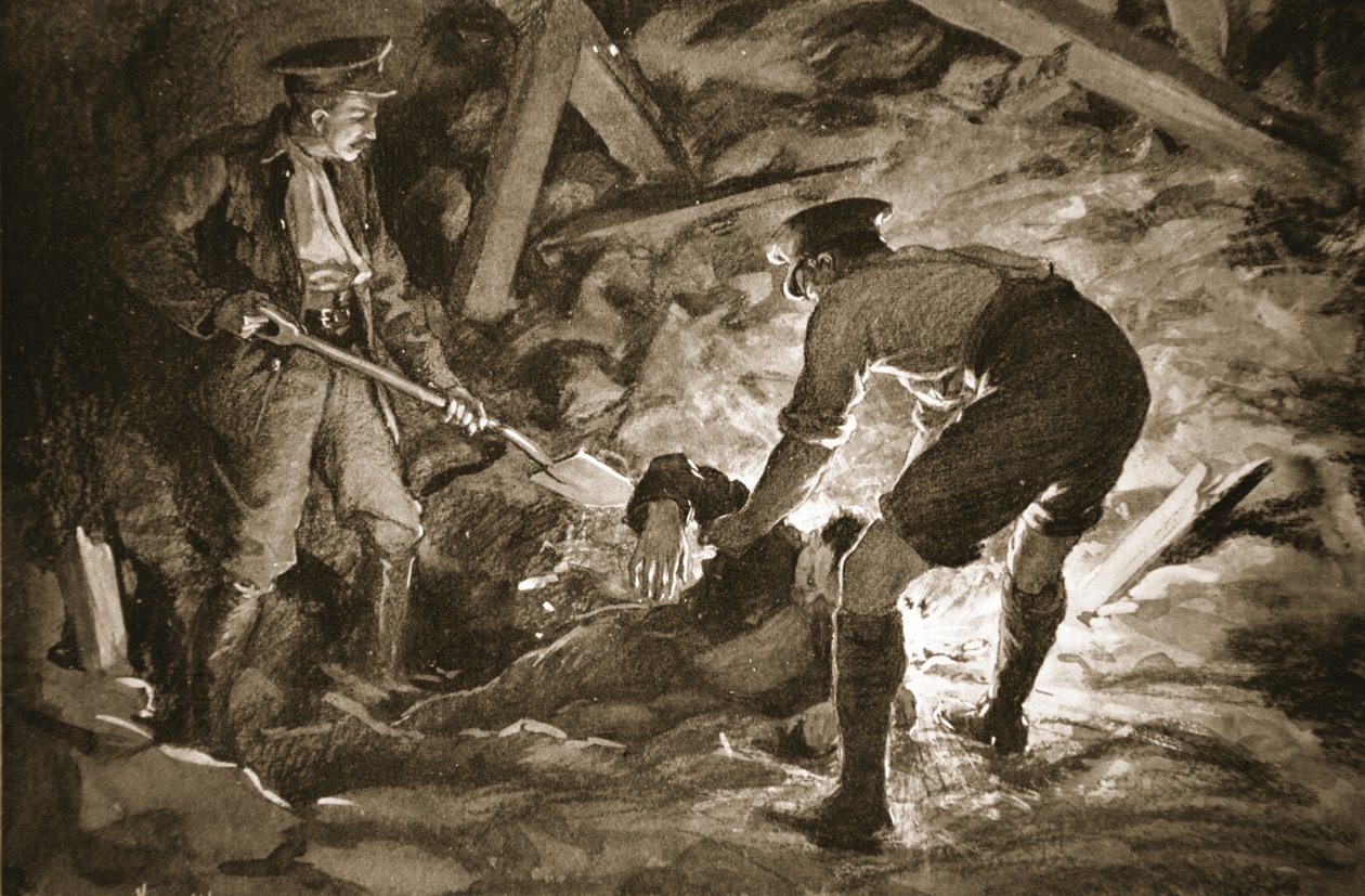 El cabo J. McCartney desentierra, con la ayuda de un compañero, a un minero sepultado por la explosión de una mina (litografía). de Margaret Dovaston