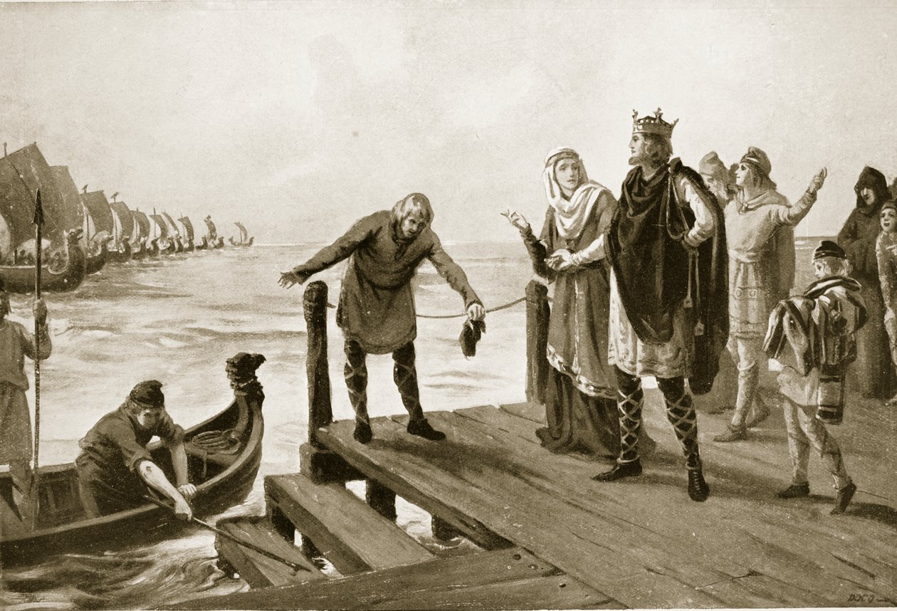 Edgar el Pacificador sosteniendo una revista naval, ilustración de "Hutchinson