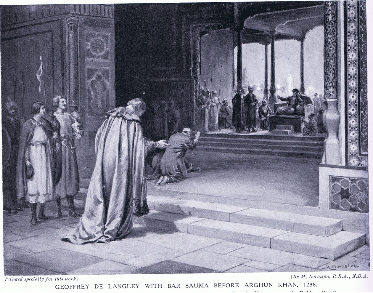 Geoffrey de Langley con Bar Sauma ante Arghun Khan 1288 d.C. (litografía) de Margaret Dovaston
