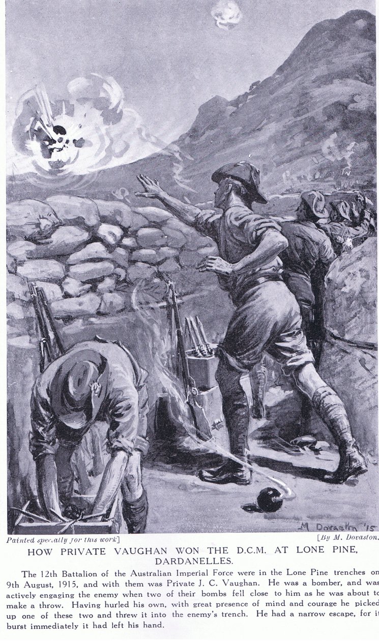 Cómo el soldado Vaughan ganó la DCM en Lone Pine, Dardanelos, agosto de 1915 (litografía) de Margaret Dovaston