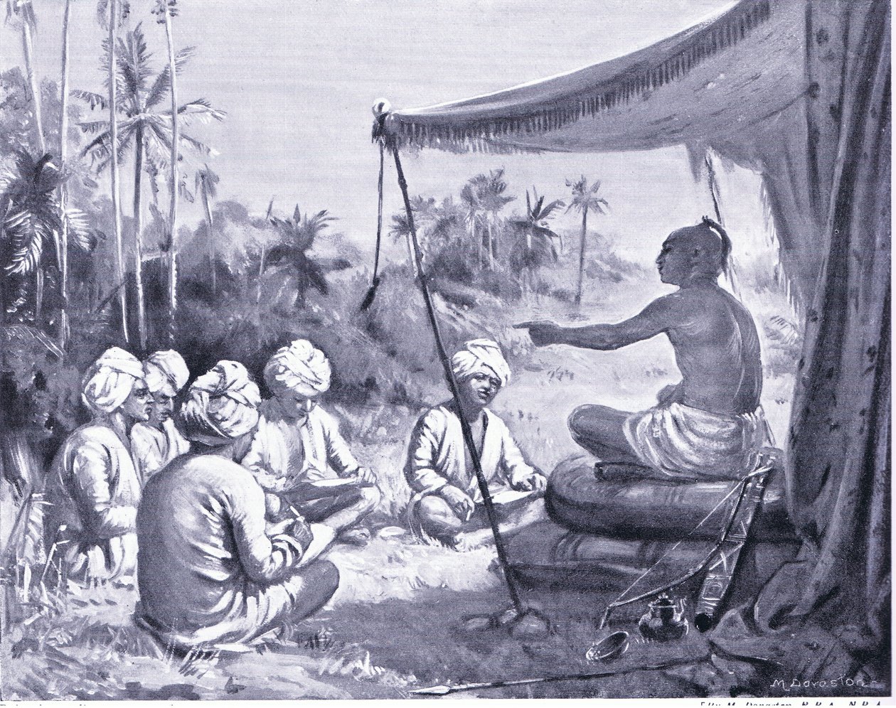 Kulottunga Chola da instrucciones a sus topógrafos 1086 d.C. (litografía) de Margaret Dovaston