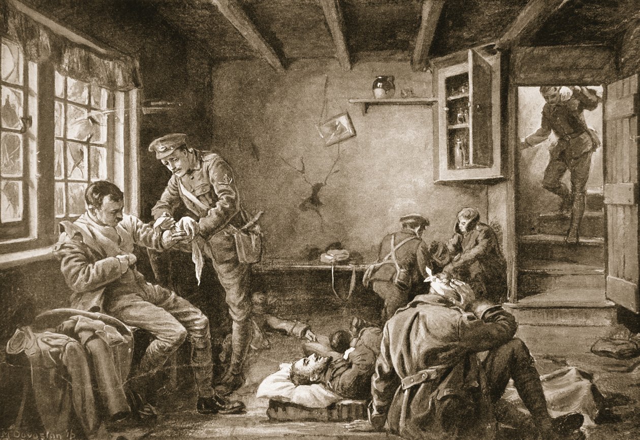 Lance-Corporal Royall atendiendo a los heridos en una posada que estaba bajo fuego (litho) de Margaret Dovaston