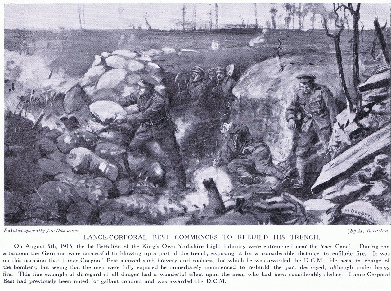 Soldado de primera Best condecorado con una M.C.D. por comenzar a reconstruir su trinchera cerca del canal de Yser bajo un intenso fuego en agosto de 1915 (litografía). de Margaret Dovaston