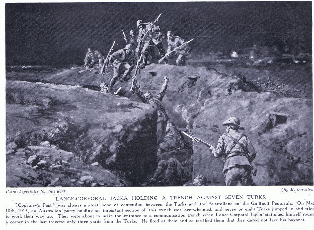 El cabo primero Jacka gana una VC demostrando cómo un hombre puede vencer a siete Mayo de 1915 (litografía) de Margaret Dovaston