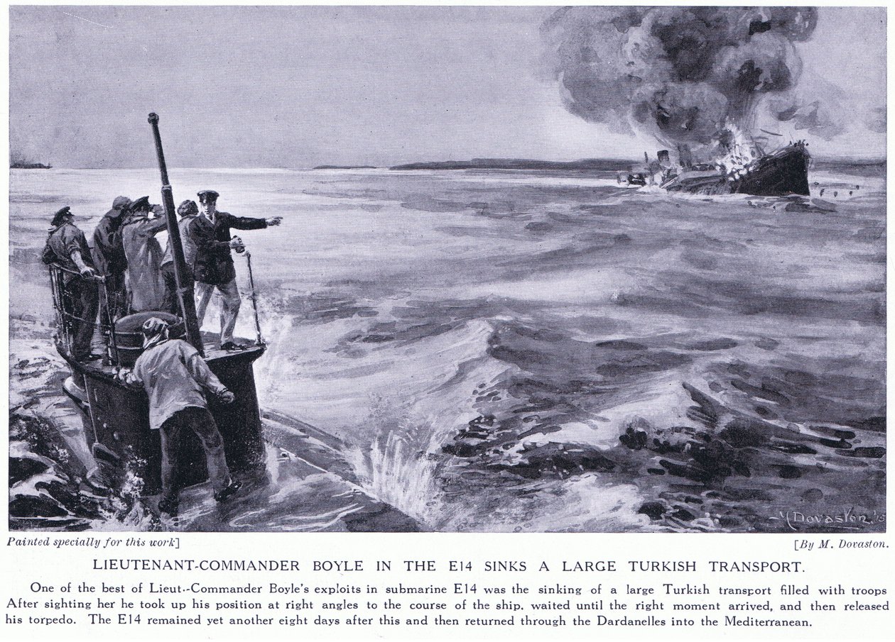 El capitán de corbeta Boyle en el E14 hunde un gran transporte turco 1915 (litografía) de Margaret Dovaston